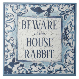 Azulejo Conejo de la Casa Cuidado Delft Rótulo Blanco Azul