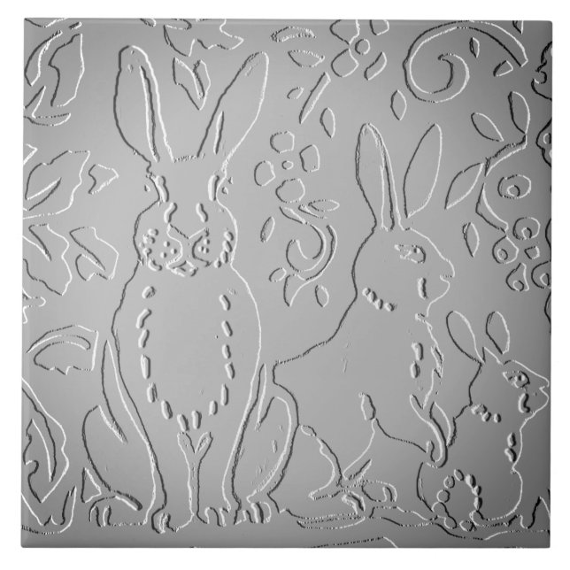 Azulejo Conejo de Ombre Gris Naturaleza floral Grabado en  (Frente)