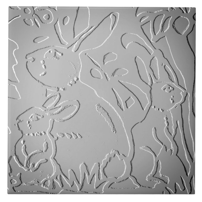 Azulejo Conejo de Ombre Gris Naturaleza floral Grabado en  (Frente)
