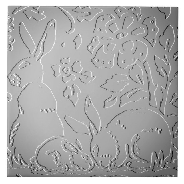 Azulejo Conejo de Ombre Gris Naturaleza floral Grabado en  (Frente)