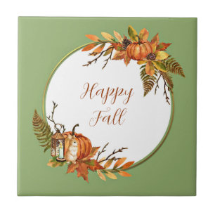 Azulejo Conejo de otoño y calabazas con texto personalizab