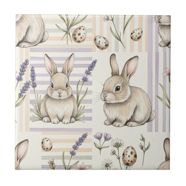 Azulejo Conejo de Pascua con Patrón Pastel de Primavera (5 (Frente)