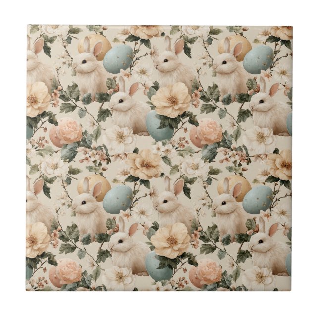 Azulejo Conejo de Pascua Floral Vintage (1) (Frente)