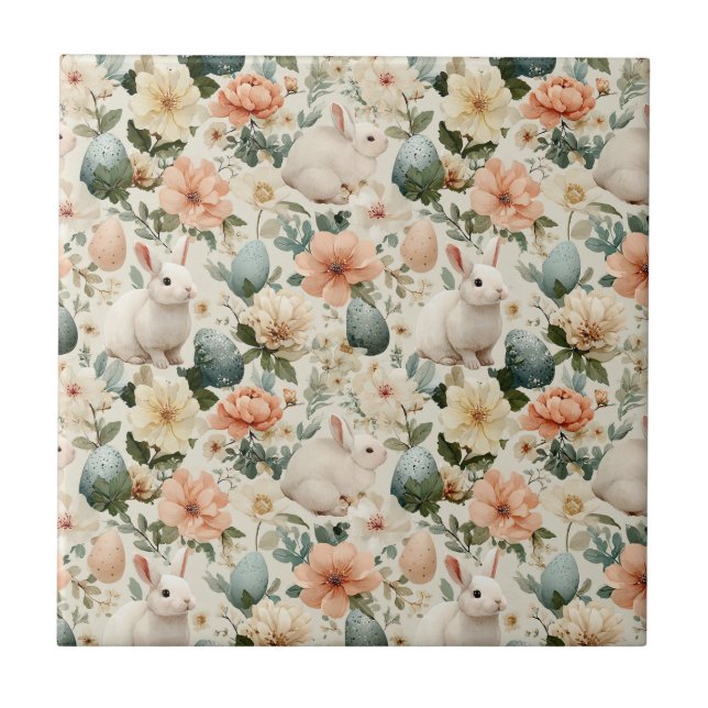 Azulejo Conejo de Pascua Floral Vintage (10) (Frente)