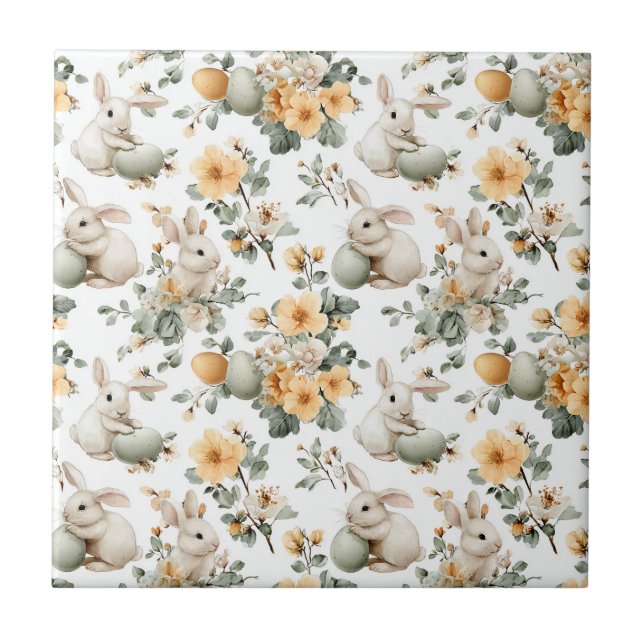 Azulejo Conejo de Pascua Floral Vintage (2) (Frente)