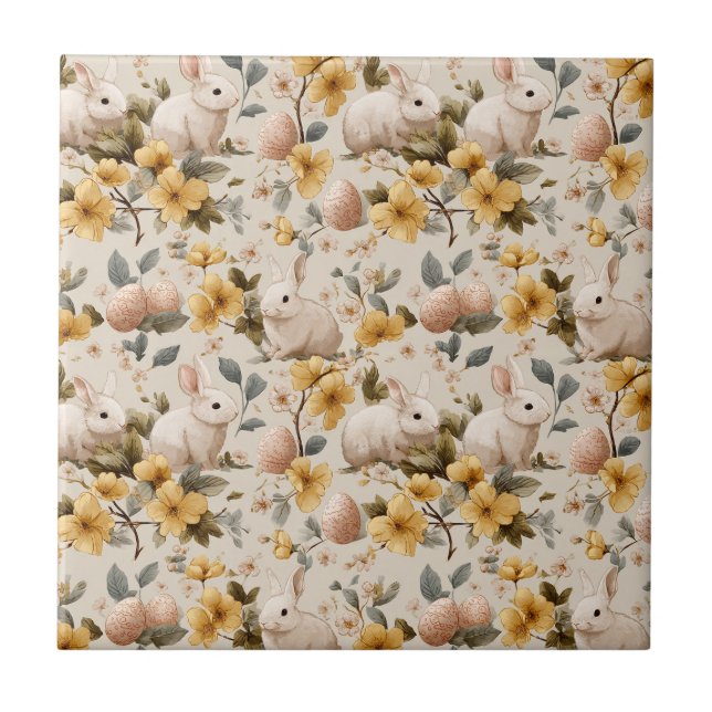 Azulejo Conejo de Pascua Floral Vintage (8) (Frente)