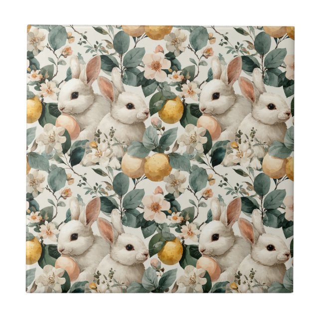 Azulejo Conejo de Pascua Floral Vintage (9) (Frente)