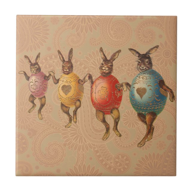 Azulejo Conejo de Pascua Huevos Bailando (Frente)