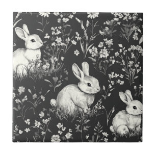 Azulejo Conejo del Bosque Negro Patrón Botánico