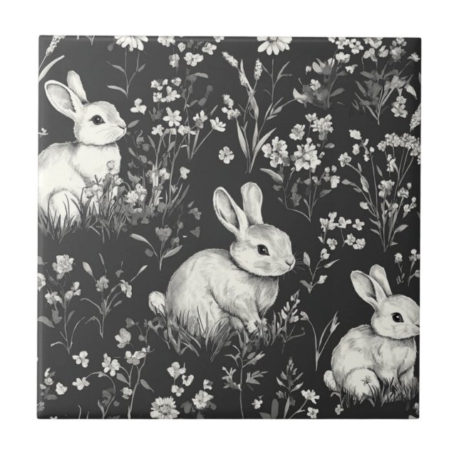 Azulejo Conejo del Bosque Negro Patrón Botánico (Frente)
