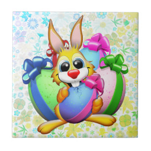Azulejo Conejo divertido mordiendo un huevo de Pascua