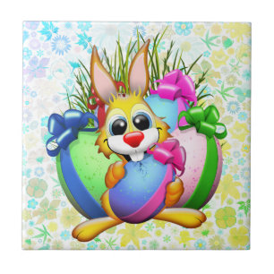 Azulejo Conejo Divertido mordiendo un Huevo de Pascua