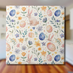 Azulejo Conejo Flores Huevos Pastel Acuarela Atemporal