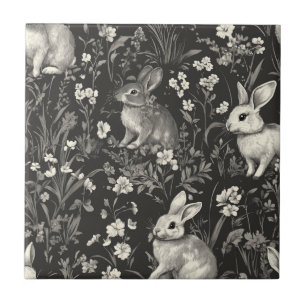 Azulejo Conejo Francés Toile en Patrón Floral Negro