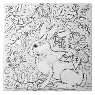Azulejo Conejo Gris Rabbit Bird Flor Drawing Artistic