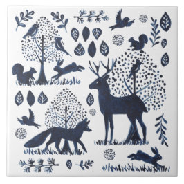 Azulejo Conejo moderno de zorro de animales de bosque azul