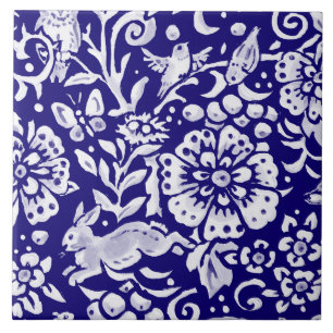 Azulejo Conejo MURAL de bosque blanco azul de la marina L