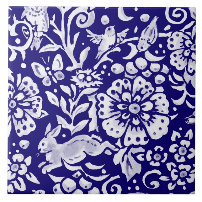 Azulejo Conejo MURAL de bosque blanco azul de la marina L  (Frente)