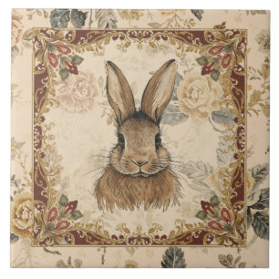 Azulejo Conejo Vintage, Conejo Lindo con Patrón de Flores