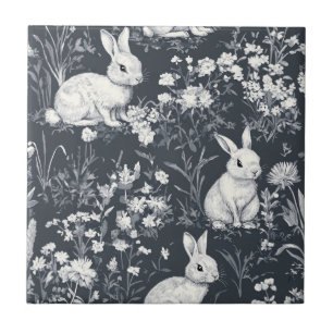 Azulejo Conejo Vintage Patrón de Toile Negro de Primavera