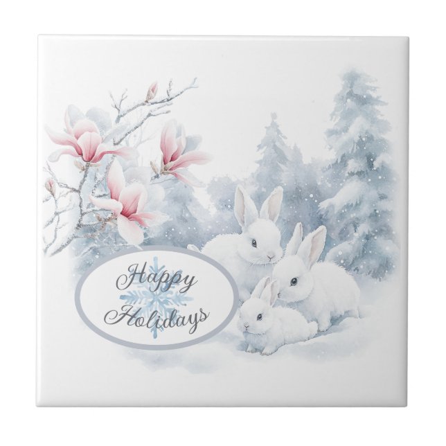 Azulejo Conejos blancos en vacaciones de invierno de nieve (Frente)