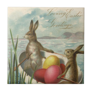 Azulejo Conejos de Pascua antiguos en un bote con huevos d