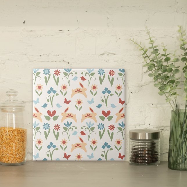 Azulejo Conejos Flores silvestres Patrón de arte folclóric (Subido por el creador)