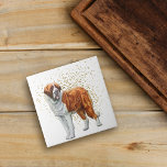 Azulejo Confetti de oro de perro de San Bernardo<br><div class="desc">Un hermoso retrato vintage de un perro de San Bernardo se alza frente a un patrón de confeti dorado en esta baldosa decorativa. Todo está colocado sobre un fondo blanco.</div>