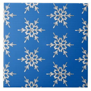 Azulejo Copo de nieve, cristales de plata sobre azul cobal