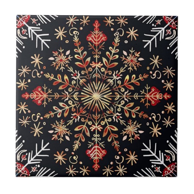 Azulejo Copo de Nieve Dorado y Rojo (Frente)