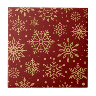 Azulejo Copo de Nieve Dorados sobre Rojo - Navidad Clásica