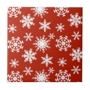 Azulejo Copos de nieve en blanco sobre fondo rojo