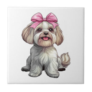 Azulejo Coqueta Bow Havanese Perro Mamá Chica Rosa