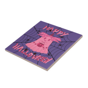Azulejo Coqueta Fantasma Rosa Feliz Halloween Arte Digital