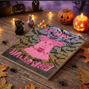 Azulejo Coqueta Fantasma Rosa Feliz Halloween Arte Digital