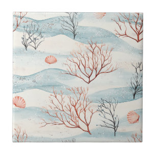 Azulejo Coral Costero y Conchas en Naranja Oxidado y Azul