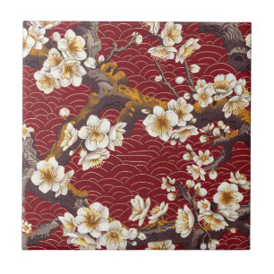 Azulejo Coral Crema Flor de Ciruelo Japonesa Patrón Borgoñ