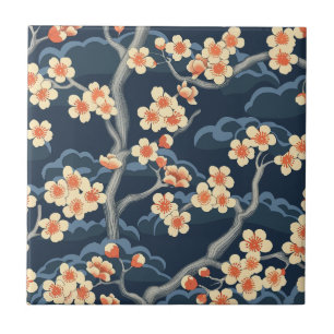 Azulejo Coral crema Sakura azul marino patrón floral