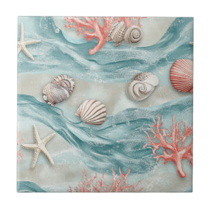 Azulejo Coral Reef Seashells & Aqua Waves Patrón (12)
