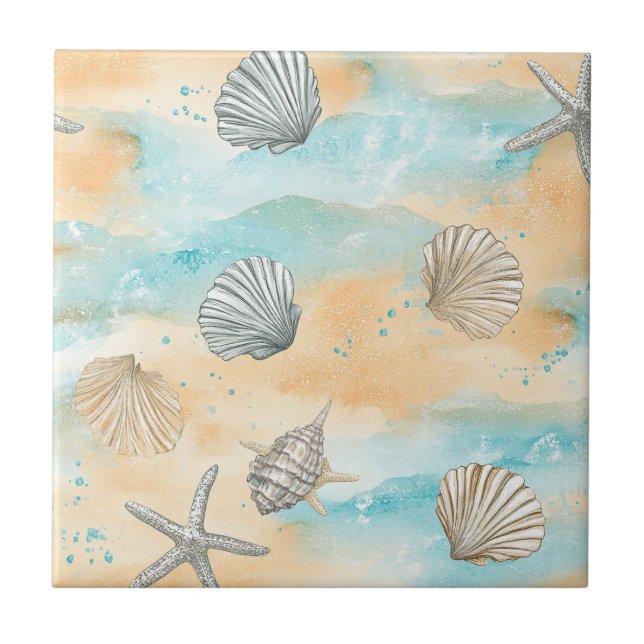 Azulejo Coral Reef Seashells & Aqua Waves Pattern (5) (Frente)