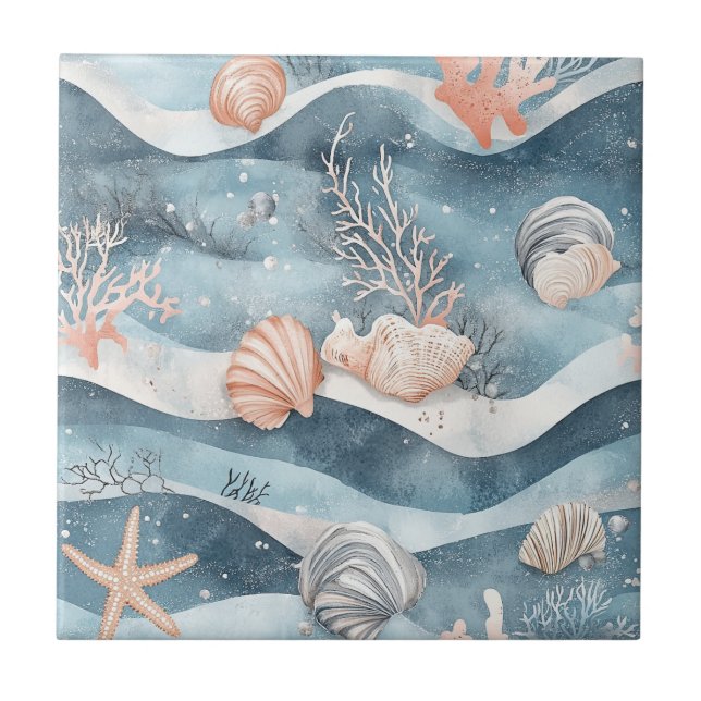 Azulejo Coral Reef Seashells & Aqua Waves Pattern (8) (Frente)