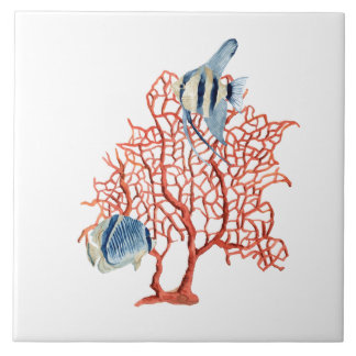 Azulejo Coral rojo con los pescados tropicales, acuarela