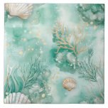 Azulejo Coral submarino y conchas en color de agua Verde a<br><div class="desc">Disfrute de la tranquila belleza del océano en su casa con este elegante embaldosado de cerámica con un ilustracion acuático de coral y conchas marinas. Ambientados en un rico fondo verde azulado, los delicados elementos marinos -desde conchas de vieiras hasta corales ramificados- están pintados en tonos suaves y naturales con...</div>
