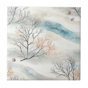Azulejo Coral texturizado de acuarela en naranja y azul pi
