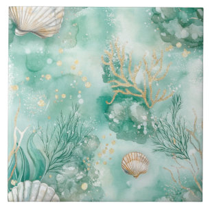 Azulejo Coral y Conchas Submarinas en Verde Azulado Sin Co