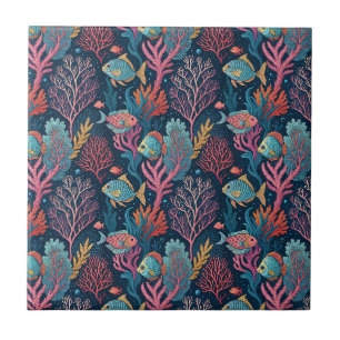 Azulejo Coral y Peces Submarinos - Patrón Acuático Oceánic