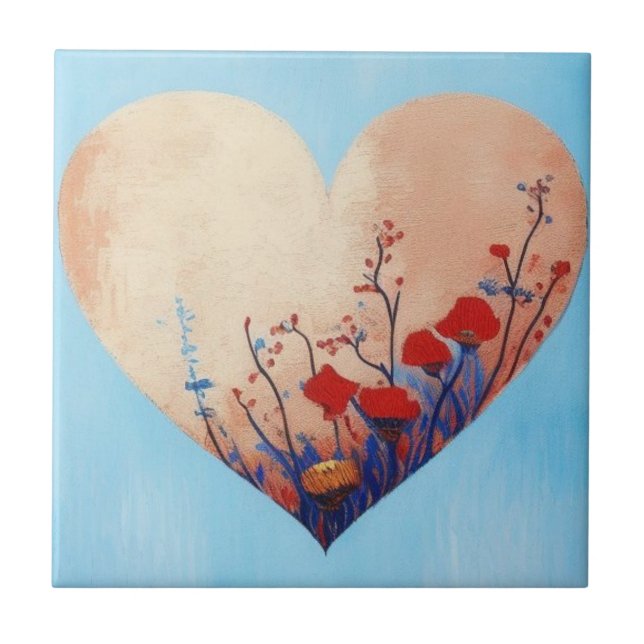Azulejo Corazón azul y flores suaves (Frente)