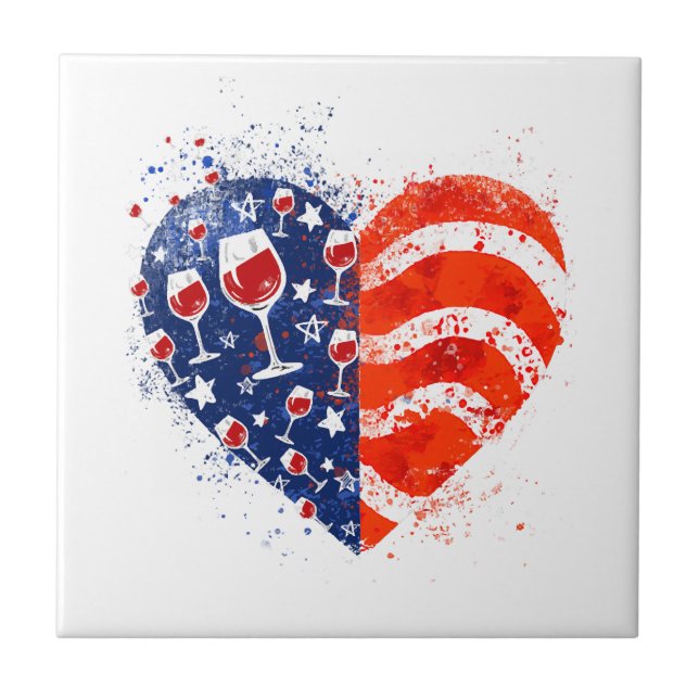 Azulejo Corazón de lentes de vino 4 de julio Patriótico Am (Frente)