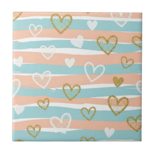 Azulejo Corazón de Pastel Suave con Raya y Acento Dorado E