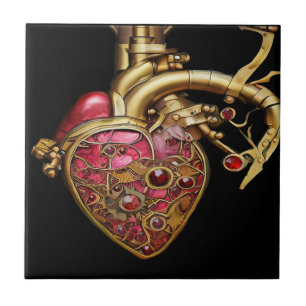 Azulejo Corazón de Steampunk Rubíes y Engranajes Anatómico